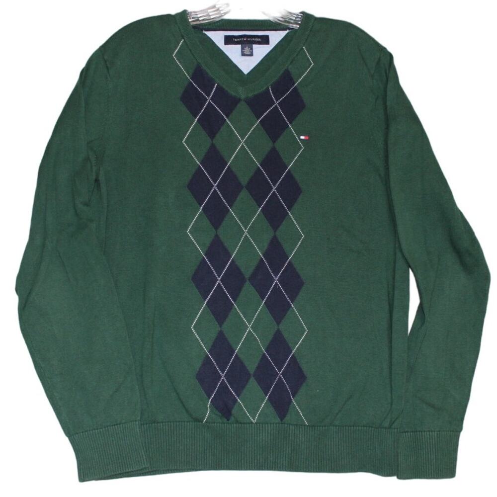Tommy Hilfiger Sweater Mens Medium Green Argyle Long Sleeve V Neck Pullover